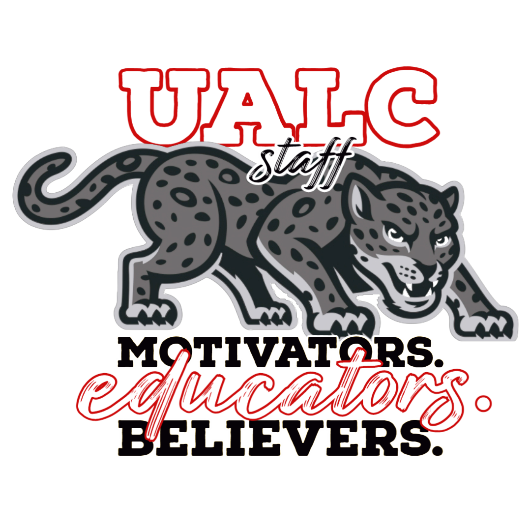 school logo with red and white and jaguar