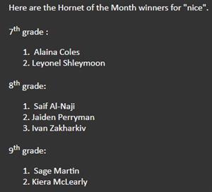 Congratulations to our Hornets of the Month of February!